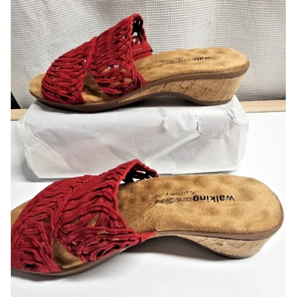 WALKING CRADLES red suede kudos‎ cork wedge heel sandals woman Sz 6Wide